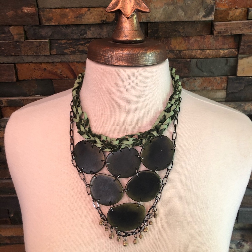 Green Leather, Gun Metal & Tagua Seed Necklace